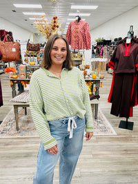 Simply Sage Striped Sweater - cozy sage green and ivory striped button-front sweater featuring a soft, fuzzy texture, relaxed fit, and classic crew neckline