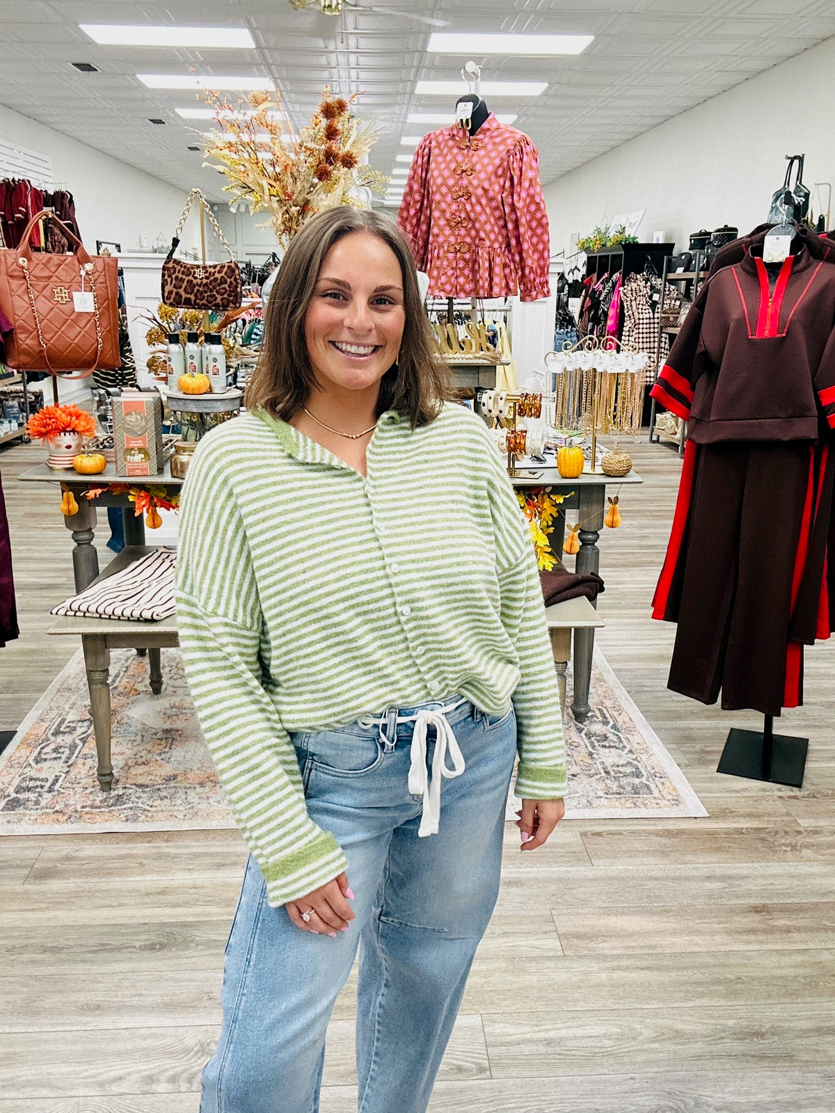 Simply Sage Striped Sweater - cozy sage green and ivory striped button-front sweater featuring a soft, fuzzy texture, relaxed fit, and classic crew neckline