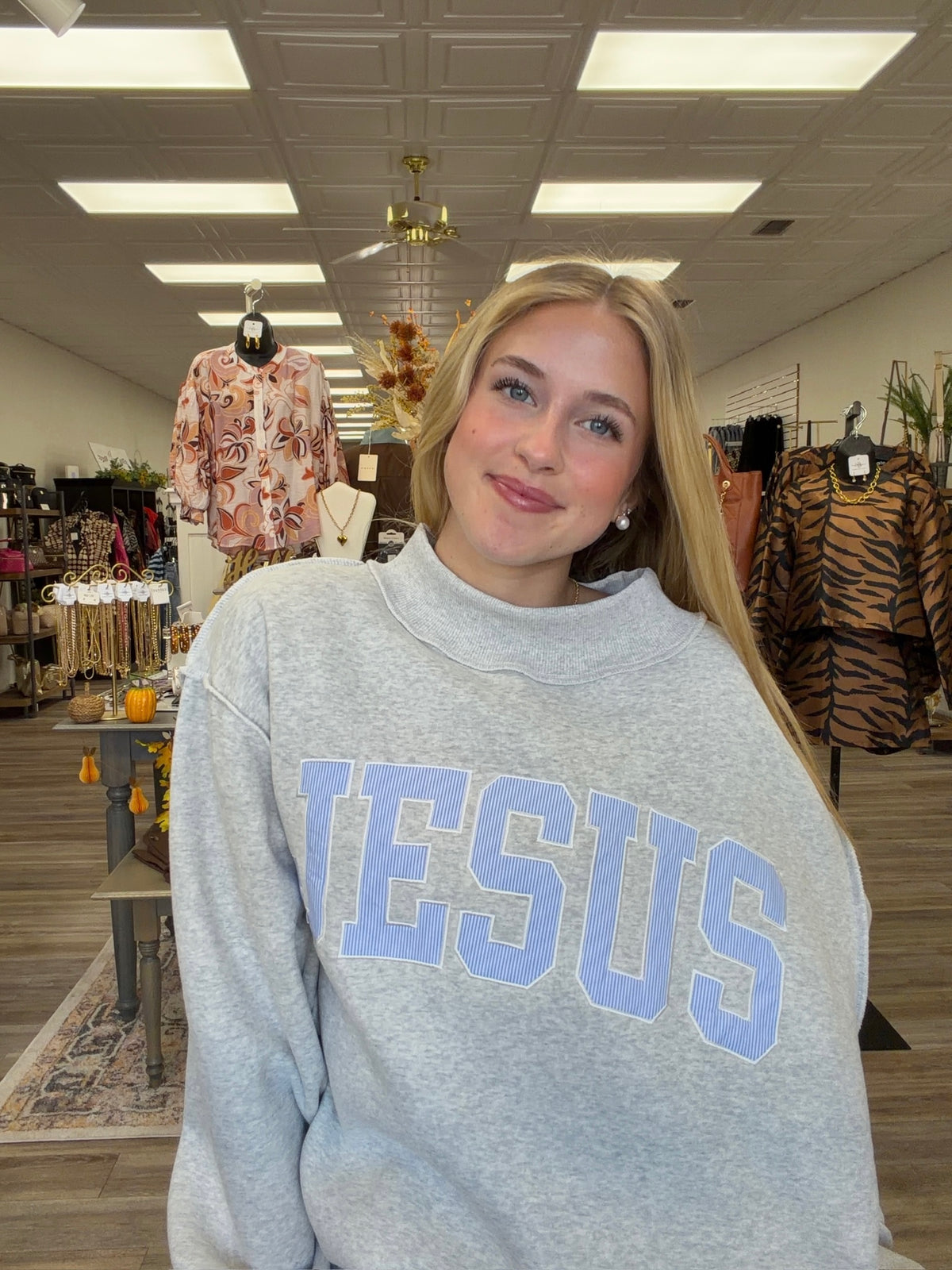 ‘JESUS’ applique patch mock neck sweatshirt