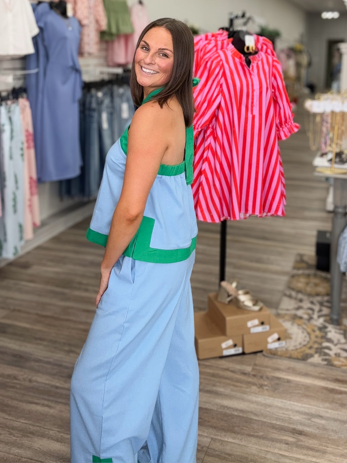 The Lucy set - linen blue and green set with halter top- Entro ￼
