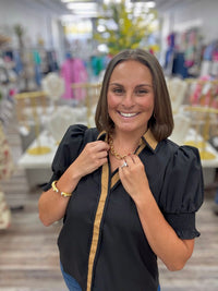 Sadie Black Top - Brown Collar Button Down Detail With Puff Sleeve V Neckline Featuring a Relaxing Fit