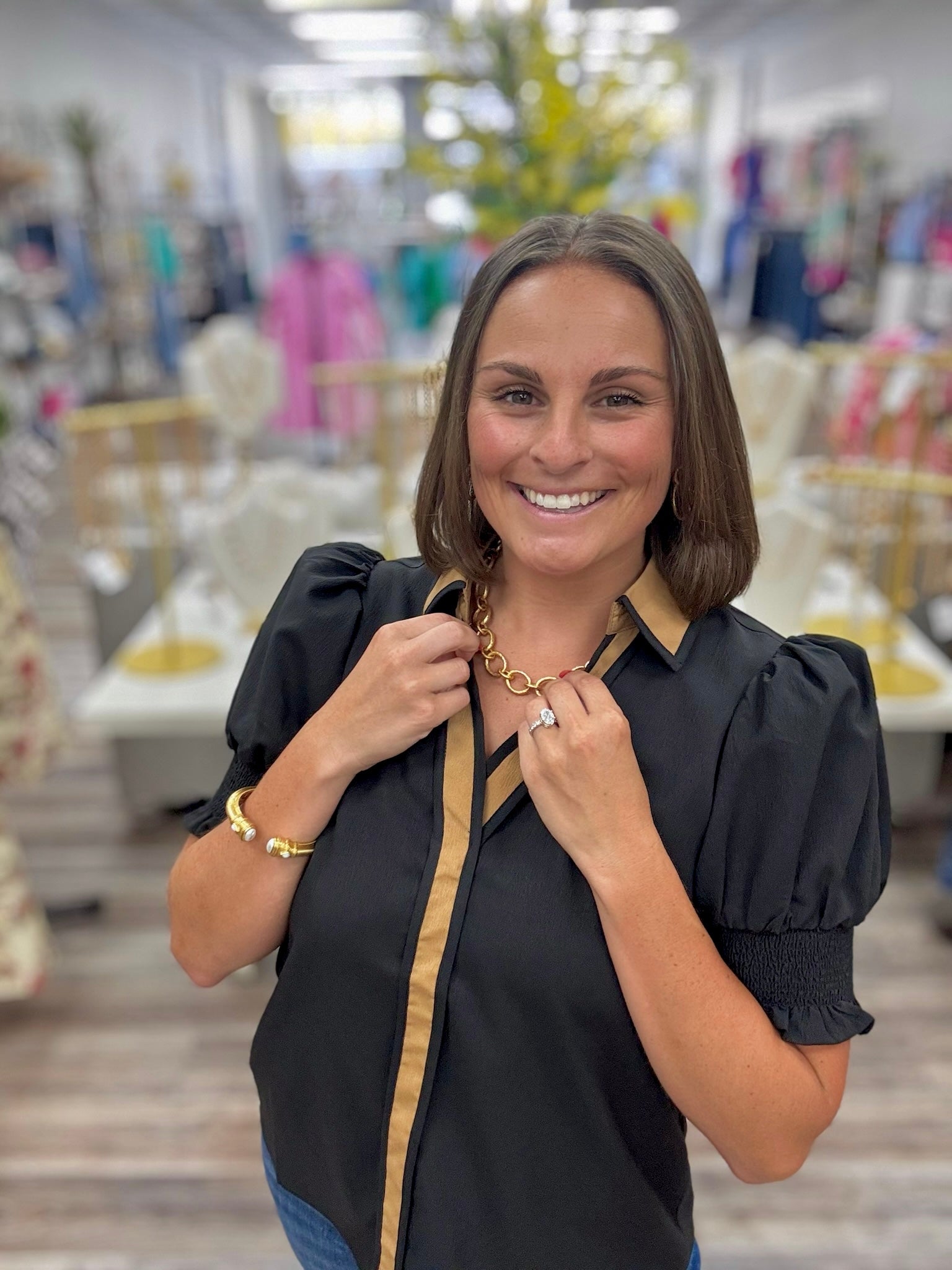 Sadie Black Top - Brown Collar Button Down Detail With Puff Sleeve V Neckline Featuring a Relaxing Fit