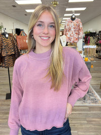 The Morgan sweater - blush pink knit sweater, exposed seam detailing, dropped shoulders, and ribbed trim at the neckline, cuffs, and hem