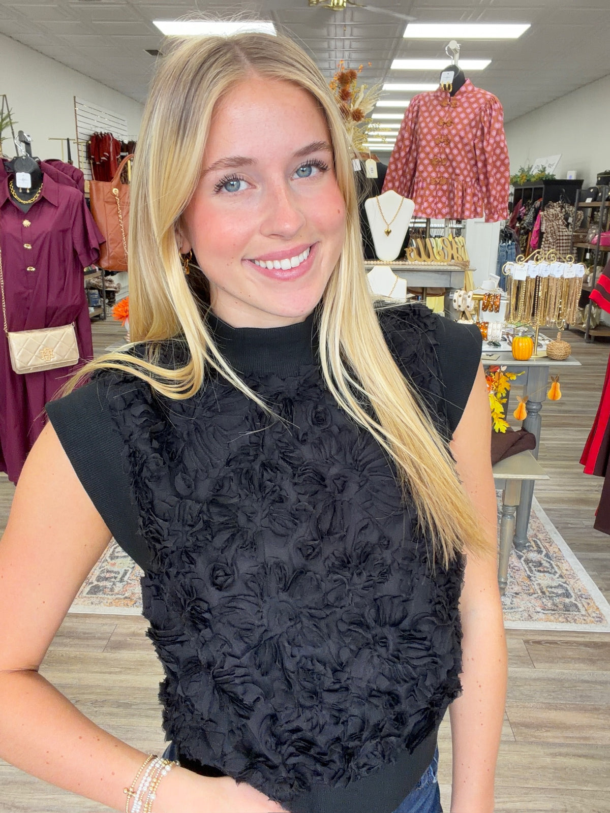 The Camila Sleeveless Top - Rosette Detail Black Too