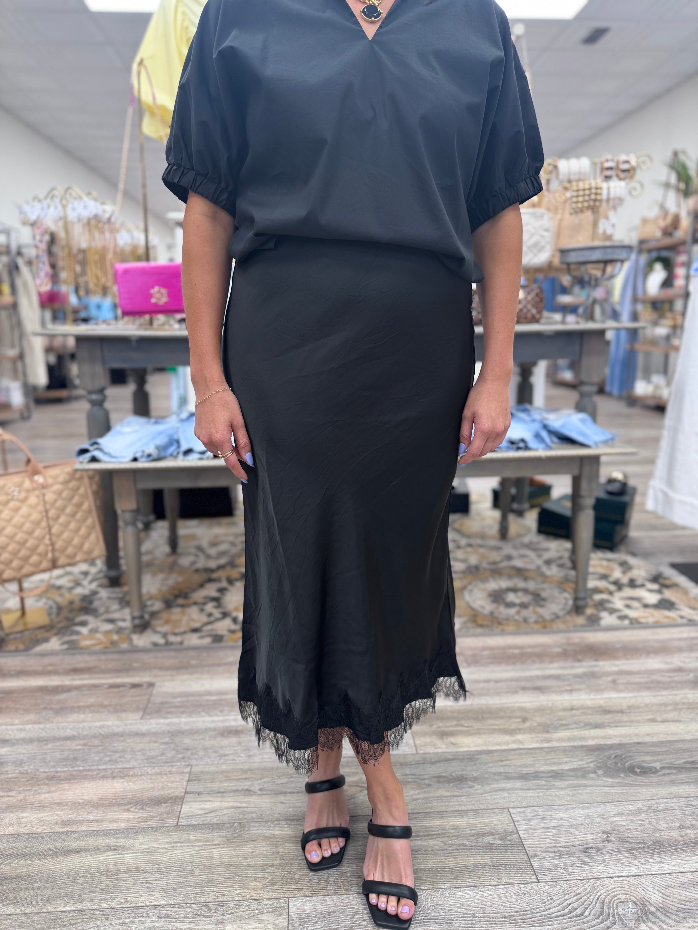 The Kassi skirt - Black Satin Effect lace midi skirt- Glam