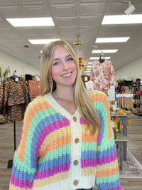 Esmeralda Rainbow Cardigan - Knit Button Down V Neck Slight Puff Sleeve Soft Fabric Cardigan