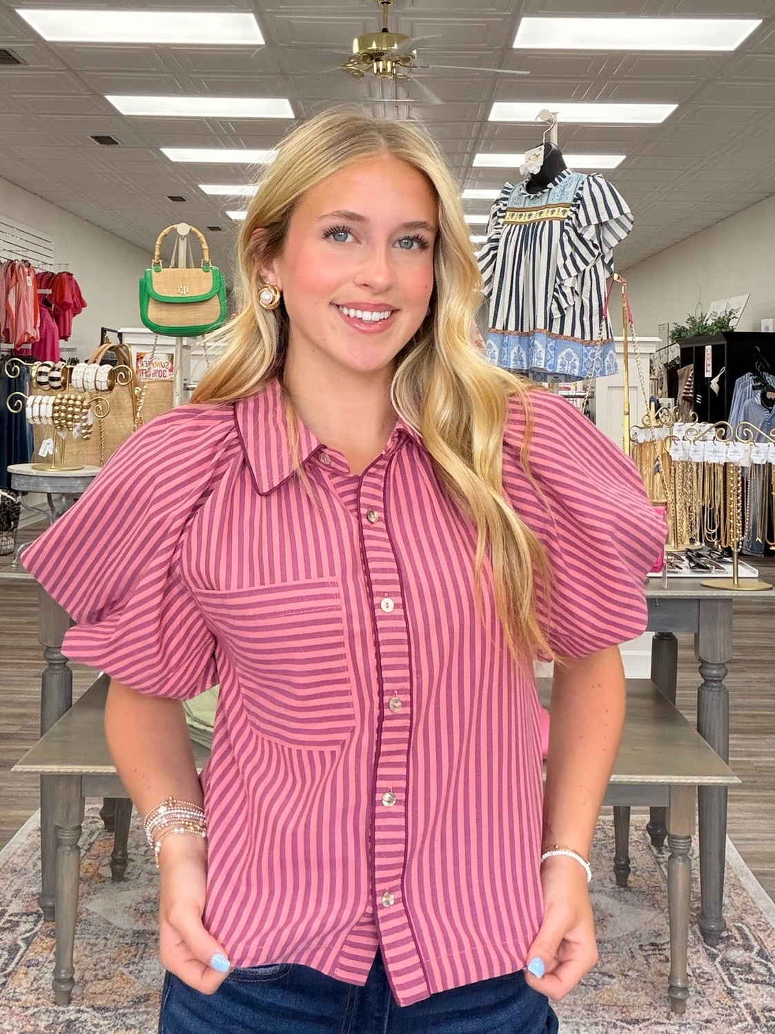 Rosy Boulevard Puff Sleeve Stripe Button-Up Blouse