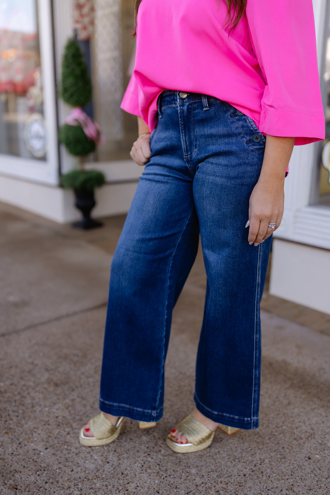 Risen High Rise Wide Leg Pocket Button Detail Jeans