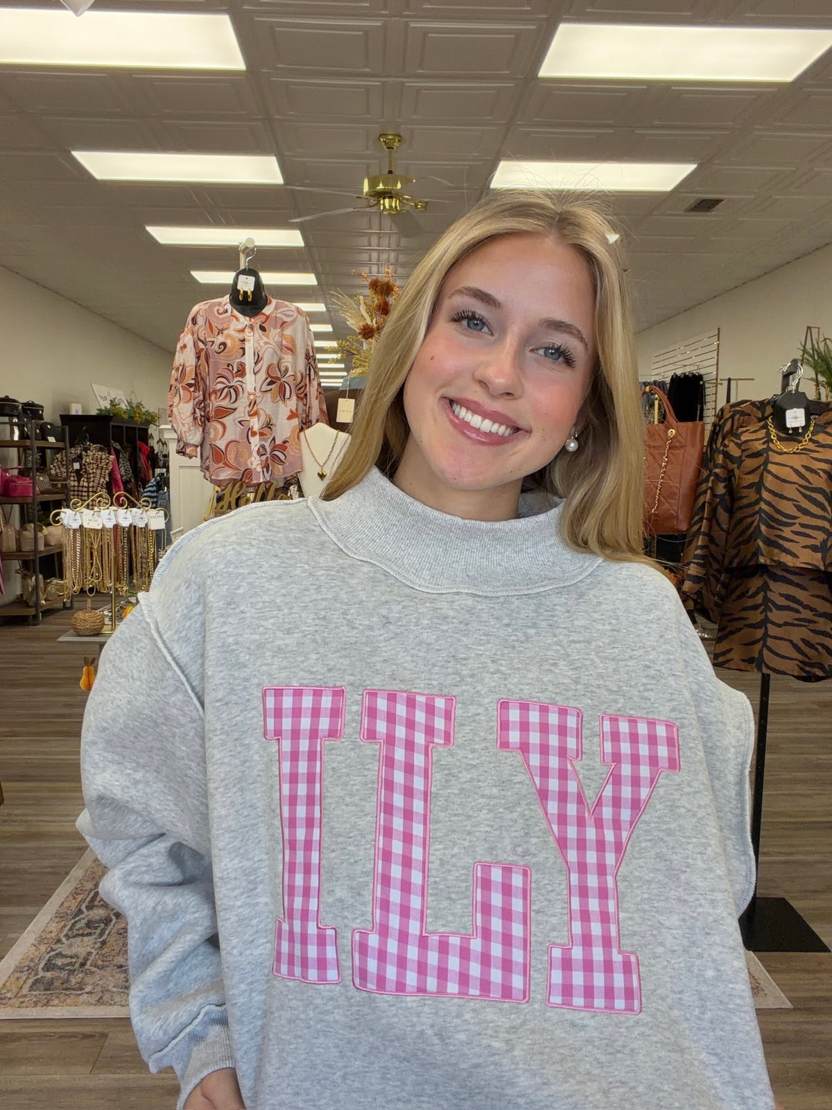 “ILY” embroidered mock neck sweatshirt