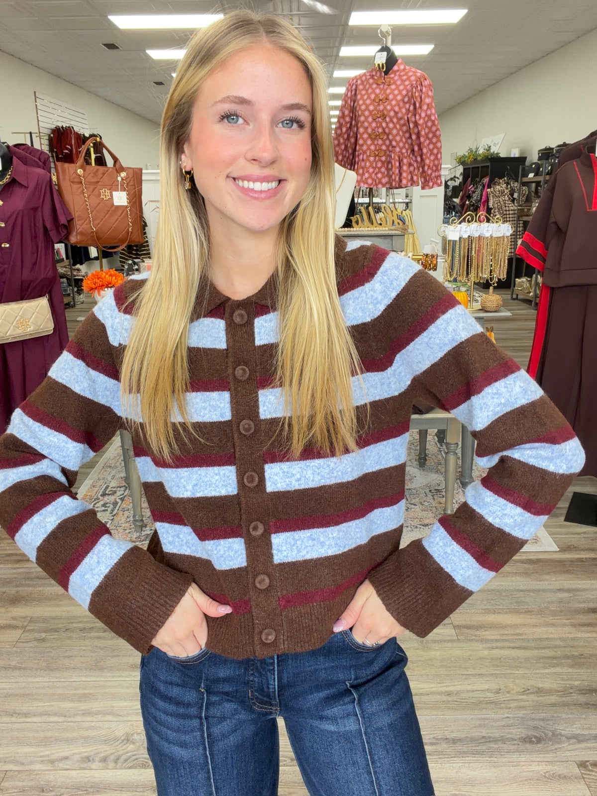 The Alina Sweater Cardigan - Stripe Button Down Soft Cardigan