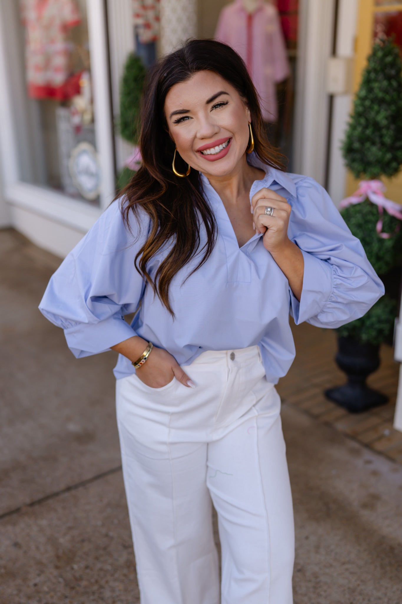 The Iris Top - Blue V Neck Collar Puff Sleeve- Entro