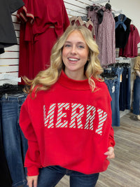 The “Merry” Red Sweatshirt - Embroidered Mock Neck Soft Sweatshirt