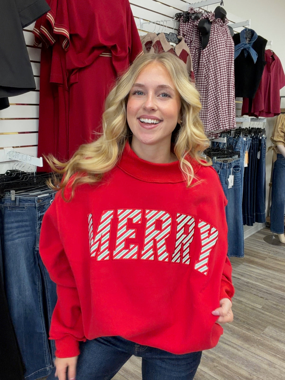The “Merry” Red Sweatshirt - Embroidered Mock Neck Soft Sweatshirt