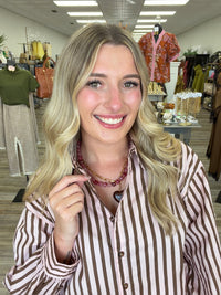 The Clara Striped Top - Button Down Pink/Brown Collar Detail