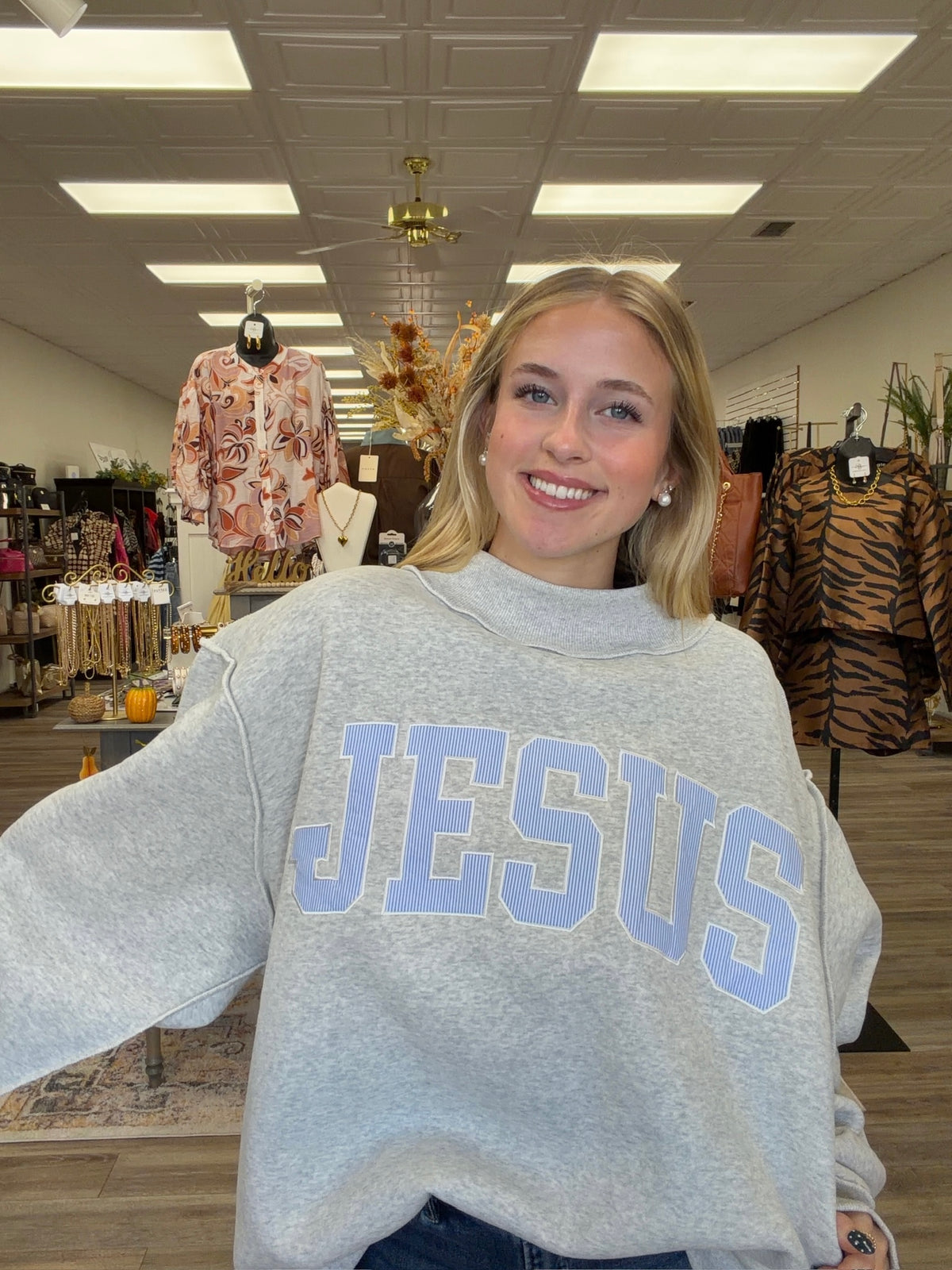‘JESUS’ applique patch mock neck sweatshirt