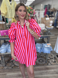The Scarlett Stripe Dress - Button Down Striped Detail Ruffle Collar - Entro