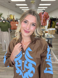 Blue Belle Embroidered Statement Blouse – Chocolate Brown