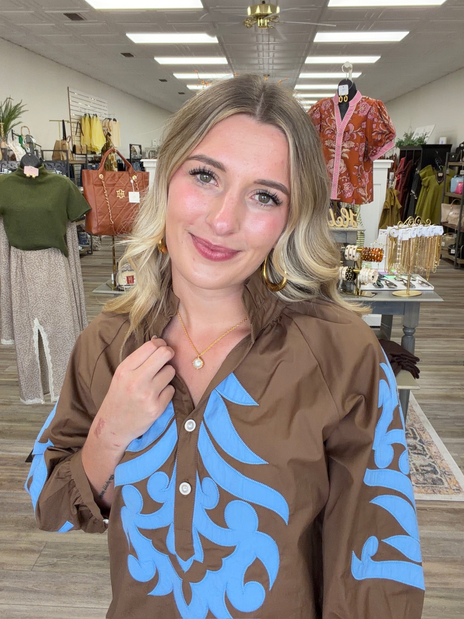 Blue Belle Embroidered Statement Blouse – Chocolate Brown