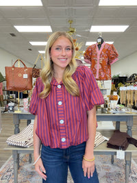 Plum Perfect Blouse - Bold berry and plum striped blouse featuring statement puff sleeves, a structured collar, and oversized button-front detailing