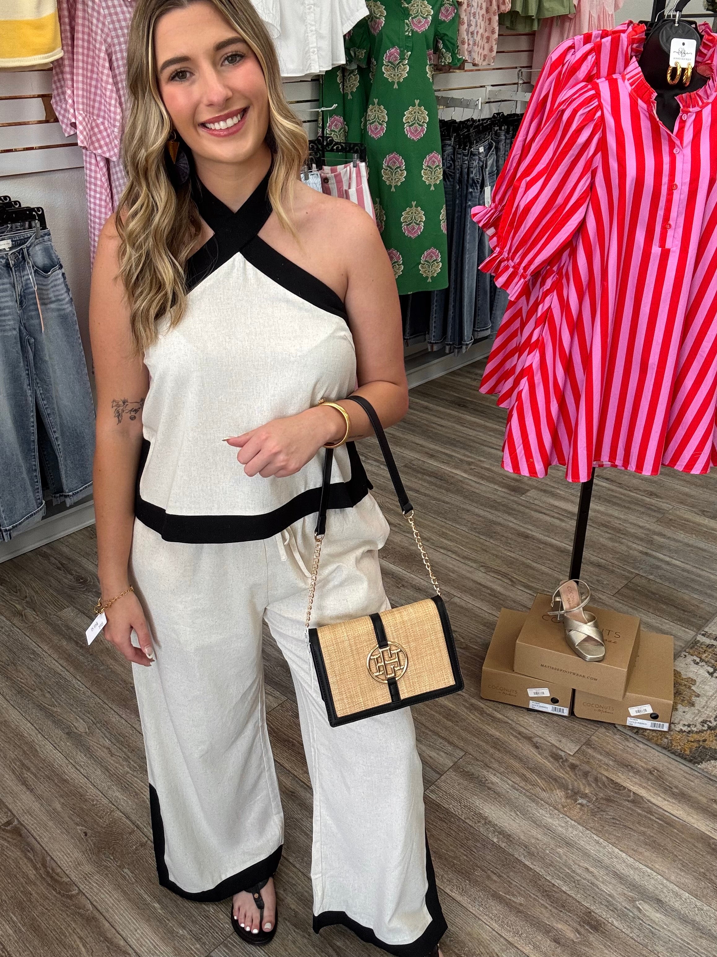 The Lucy set - linen white and black set with halter top- Entro