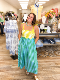 The Kiwi Dress - green and blue striped dress with adjustable tie straps and sweetheart neckline - Entro