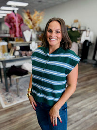 The Sheri Sleeveless Sweater - Hunter Green Soft Striped Cozy Button Down Sweater