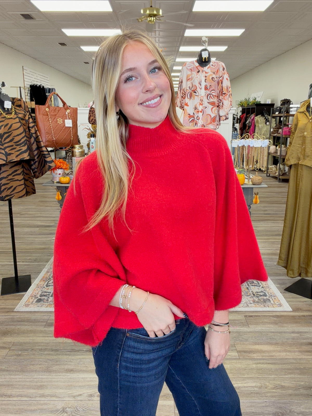 The Merry and Bright Sweater-Red Wide Sleeve Mock Neck Sweater