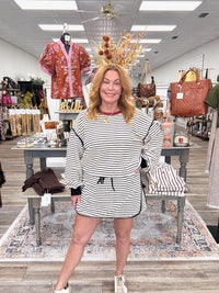 The Sutton Striped Set - striped ecru long sleeve top with a squirt