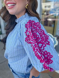 The Bella Top - Embroidered Puff Sleeve Striped Top - THML