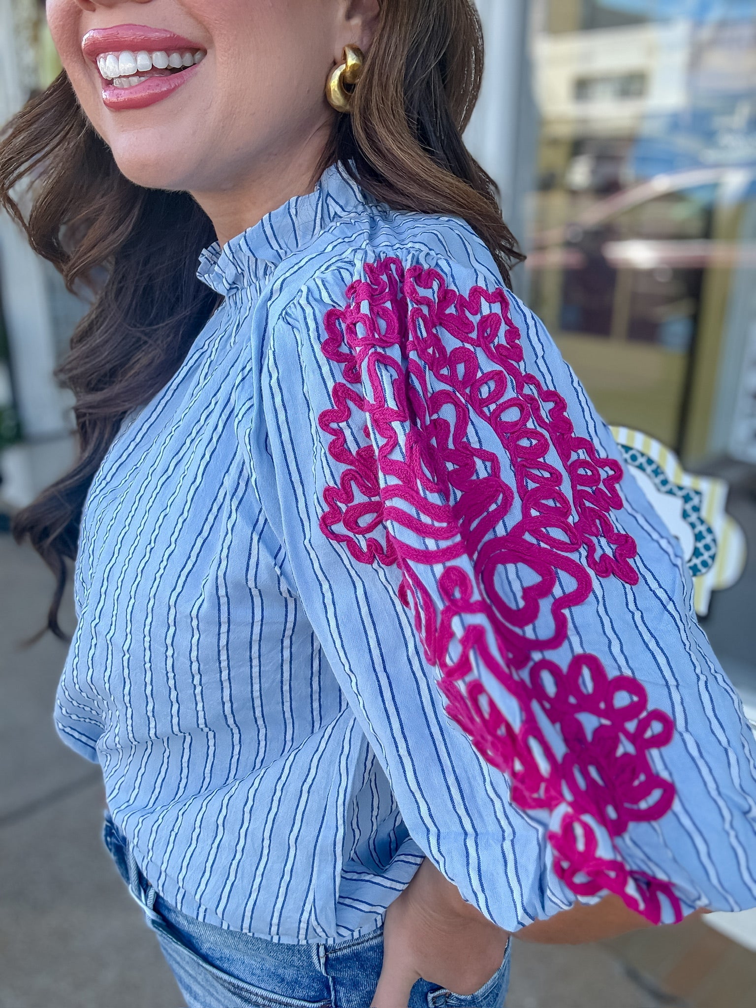 The Bella Top - Embroidered Puff Sleeve Striped Top - THML