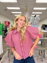 Rosy Boulevard Puff Sleeve Stripe Button-Up Blouse