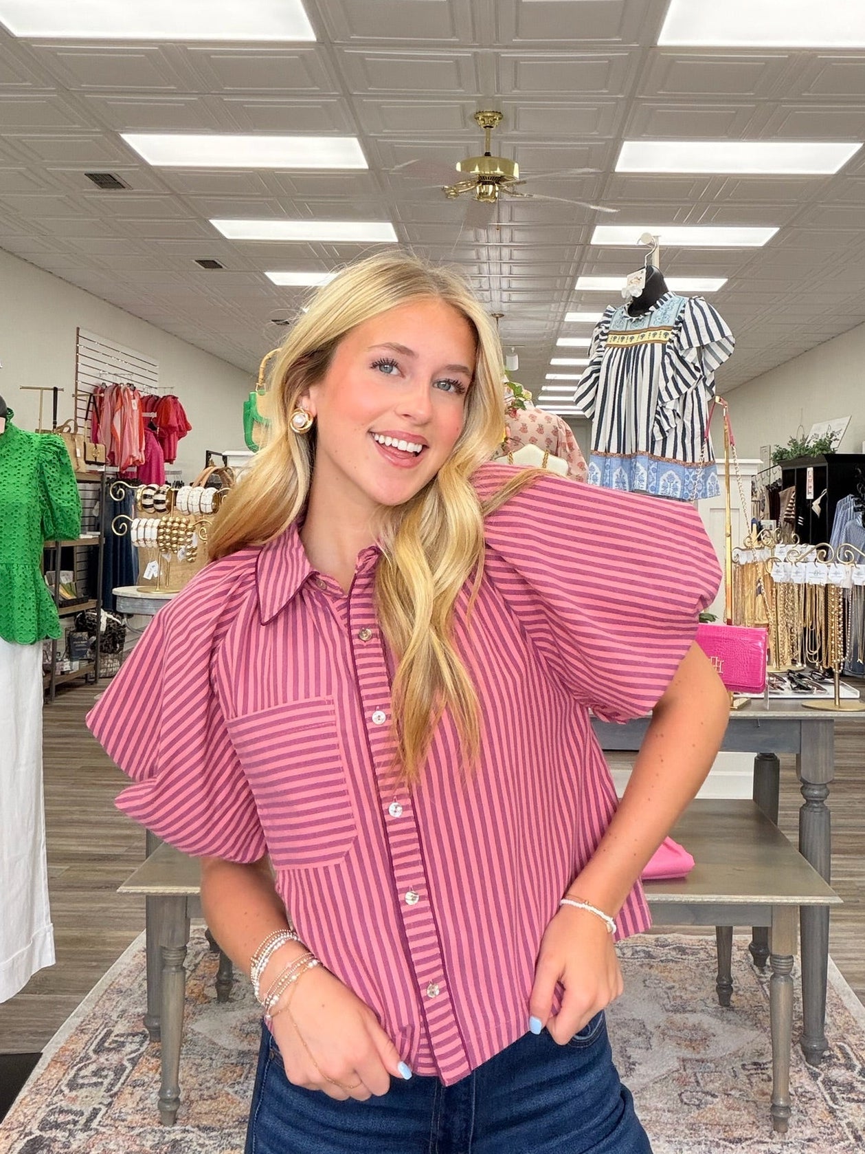 Rosy Boulevard Puff Sleeve Stripe Button-Up Blouse