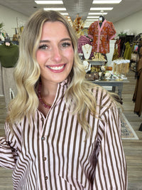 The Clara Striped Top - Button Down Pink/Brown Collar Detail