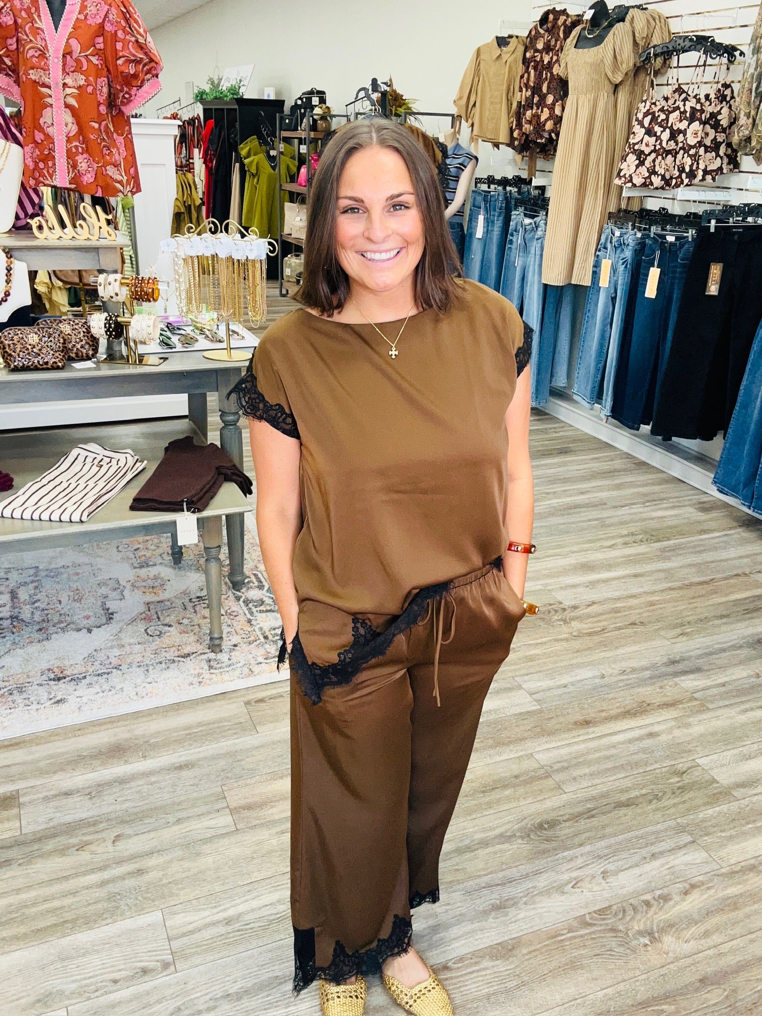 The Virginia Pant Set - satin lace top and pants stretch mocha set