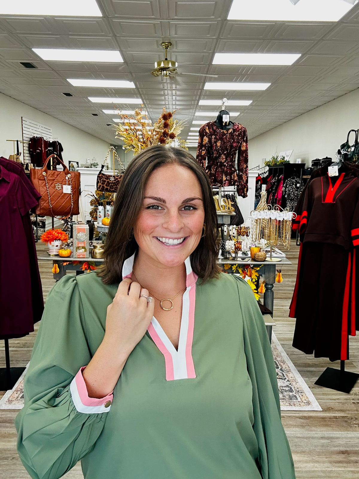 Olive grove blouse - olive green blouse features a flowy silhouette with a blush pink and ivory trimmed split neckline