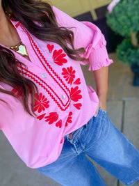 The Lillian Top - Pink V neck embroidered Detail -Entro