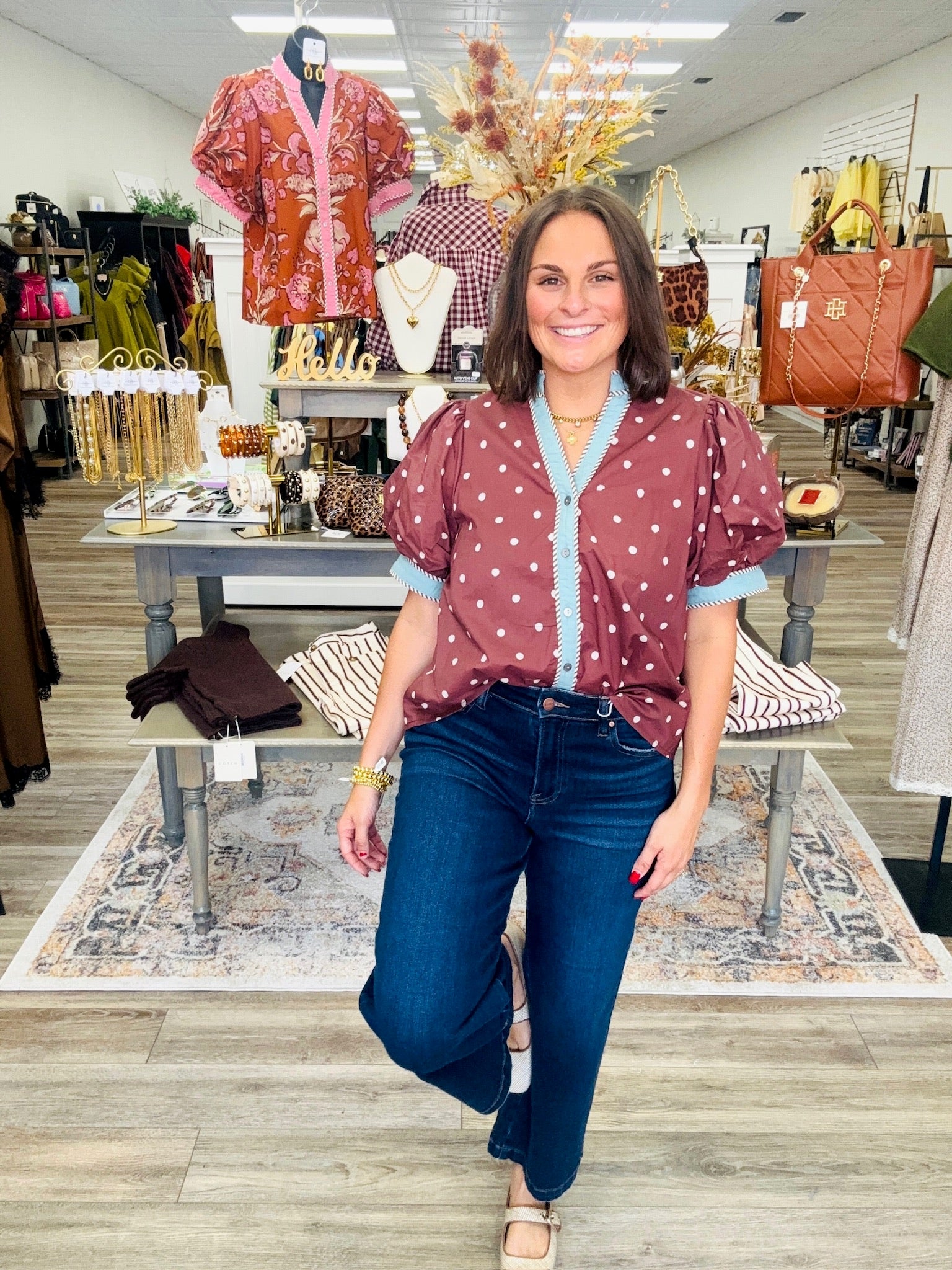 Country Charm Polka Dot Blouse - Cocoa brown polka dots, blue trim  puff sleeve blouse. A flattering V-neck adds the perfect finishing touch.