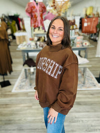The “Worship” Mock neck Sweatshirt - Gigham Embroidered Brown Soft Material