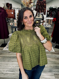 The Olivia olive top - puff sleeve, eyelet detailing