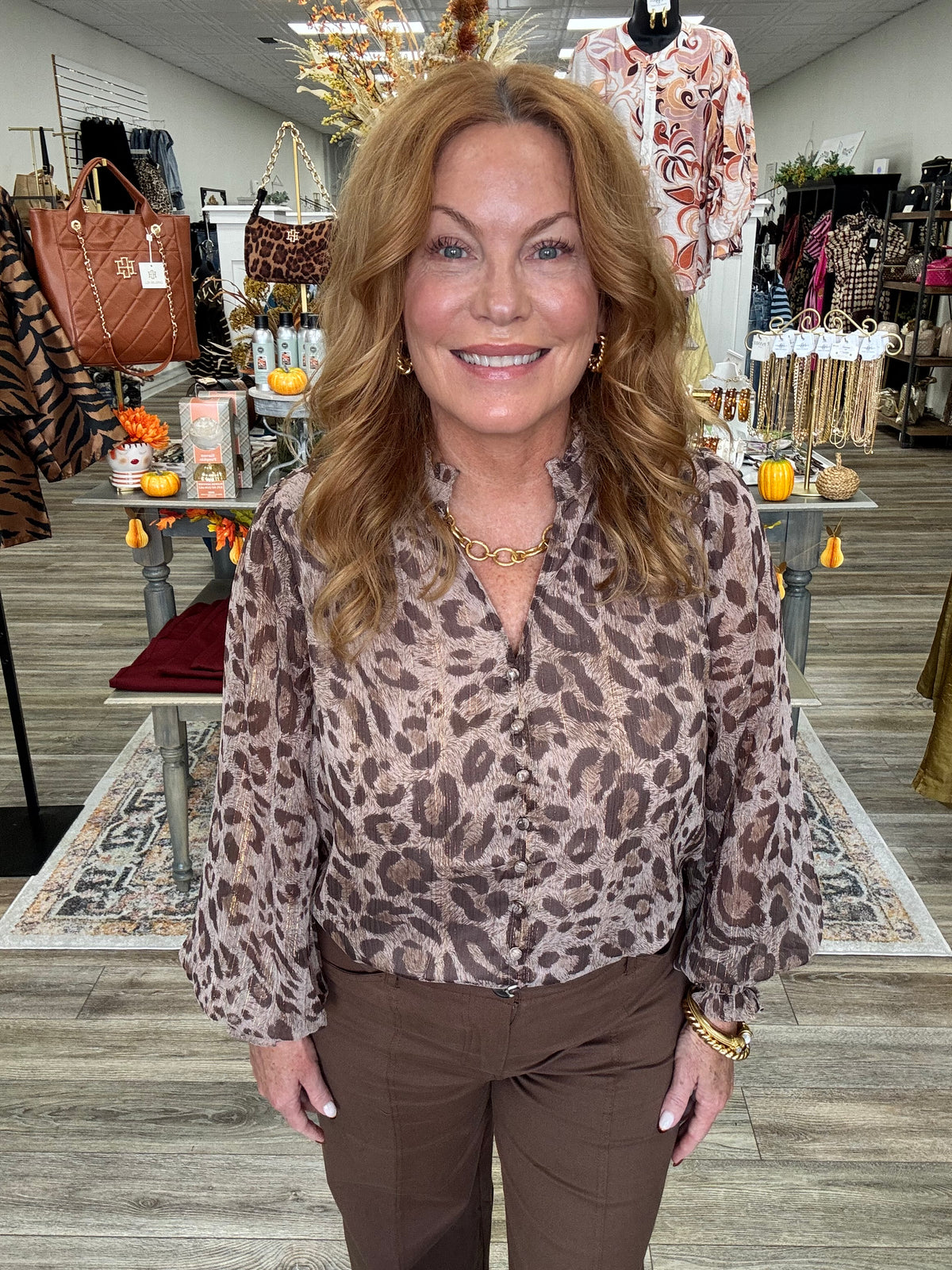 The Emery Leopard Top - Chiffon With Lurex Split Neckline
