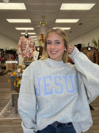 ‘JESUS’ applique patch mock neck sweatshirt