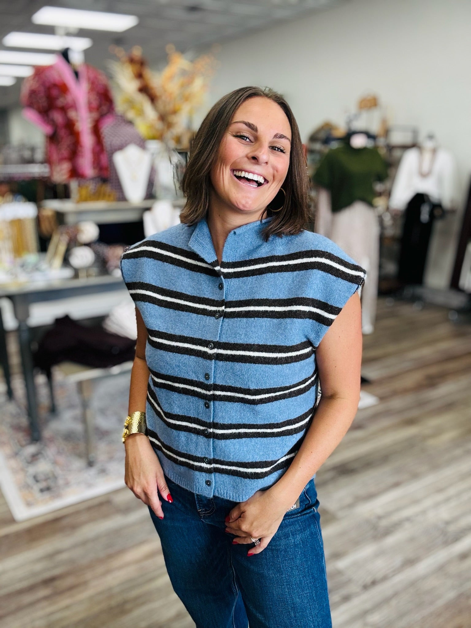 The Sheri Sleeveless Sweater - Blue Soft Striped Cozy Button Down Sweater