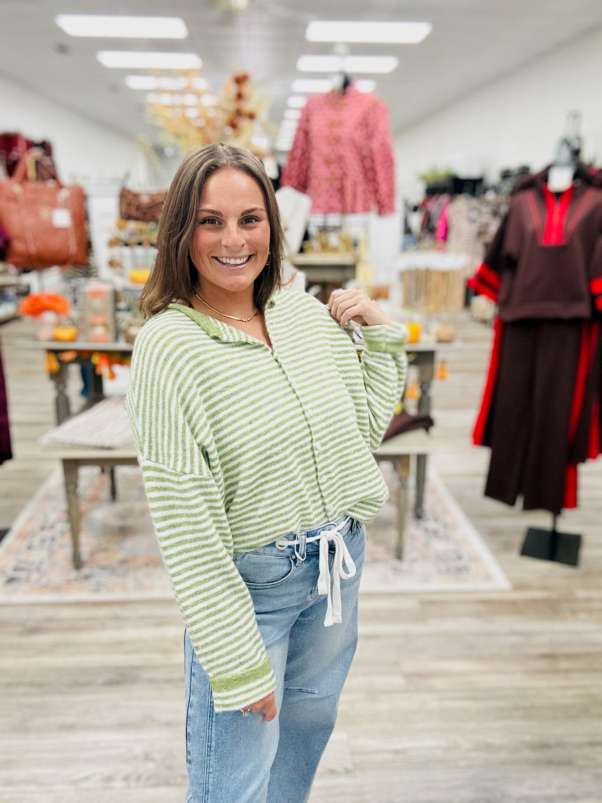 Simply Sage Striped Sweater - cozy sage green and ivory striped button-front sweater featuring a soft, fuzzy texture, relaxed fit, and classic crew neckline