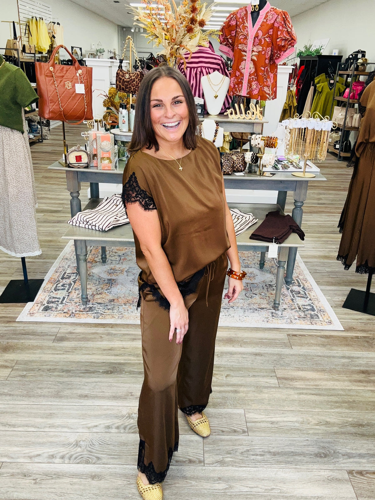The Virginia Pant Set - satin lace top and pants stretch mocha set