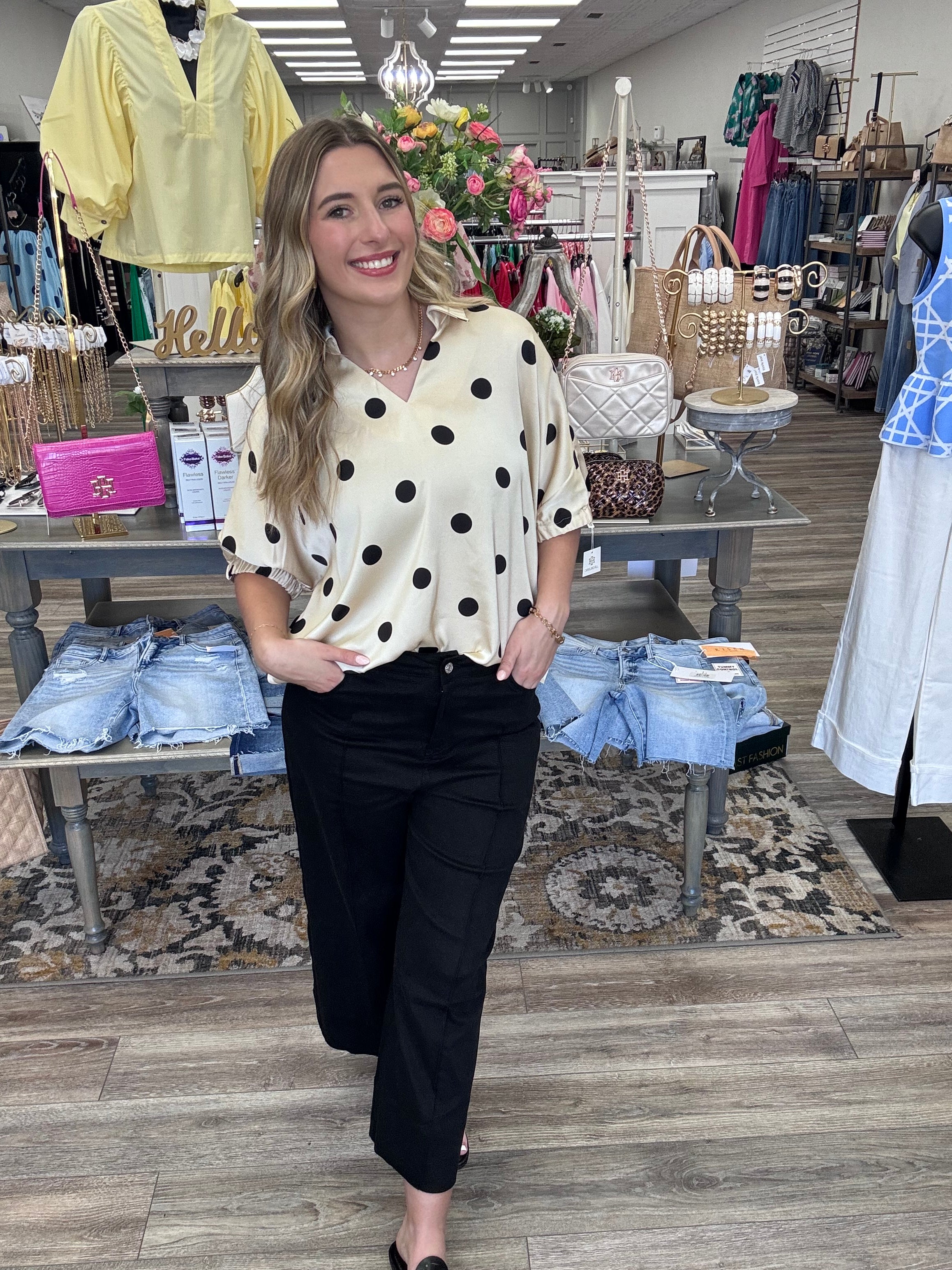 The Nikki Top - collared V neck with polka dots - Jodifl