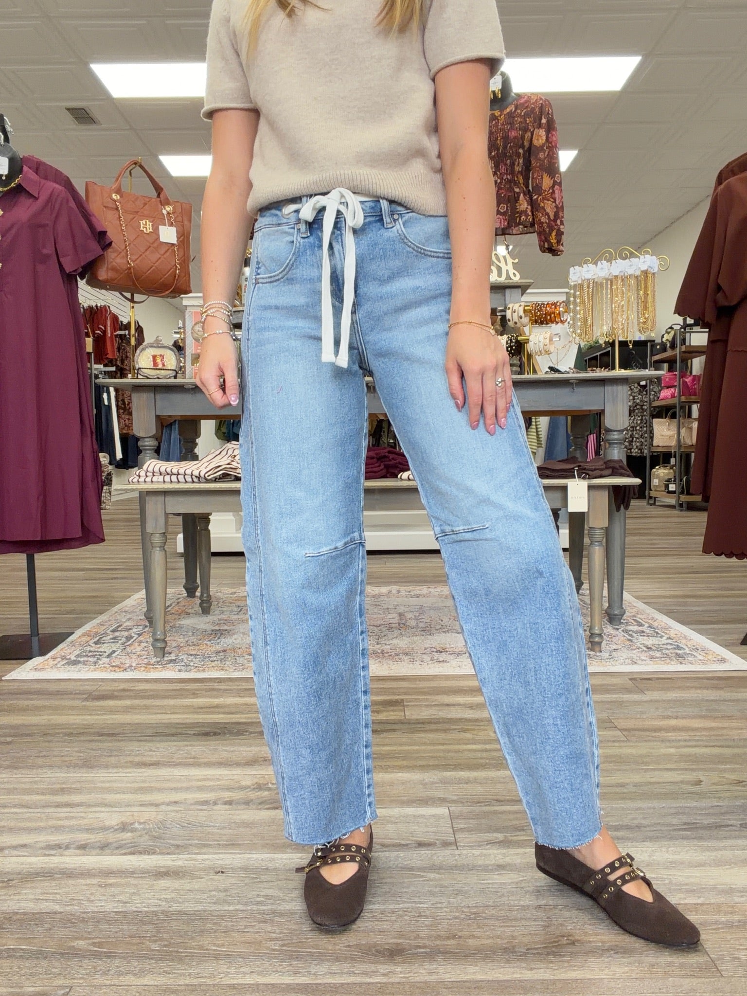 Risen Slouchy Ankle  Barrel With Waistband Drawstring & Eyelet Jean