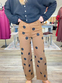 Cocoa Dot Pants- Mid rise, Barrel Wide Leg Polka Dot stretchy pants
