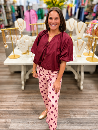 Rosé Rendezvous Scallop Dot Cropped Pants- pink/maroon