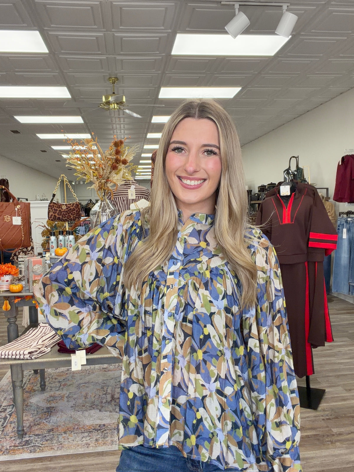 Bluebell Mosaic Button-Front Boho Blouse