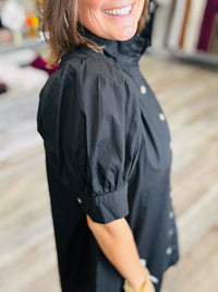 The Kennedy Button Dress - Black puff sleeve collar detailing mid-length